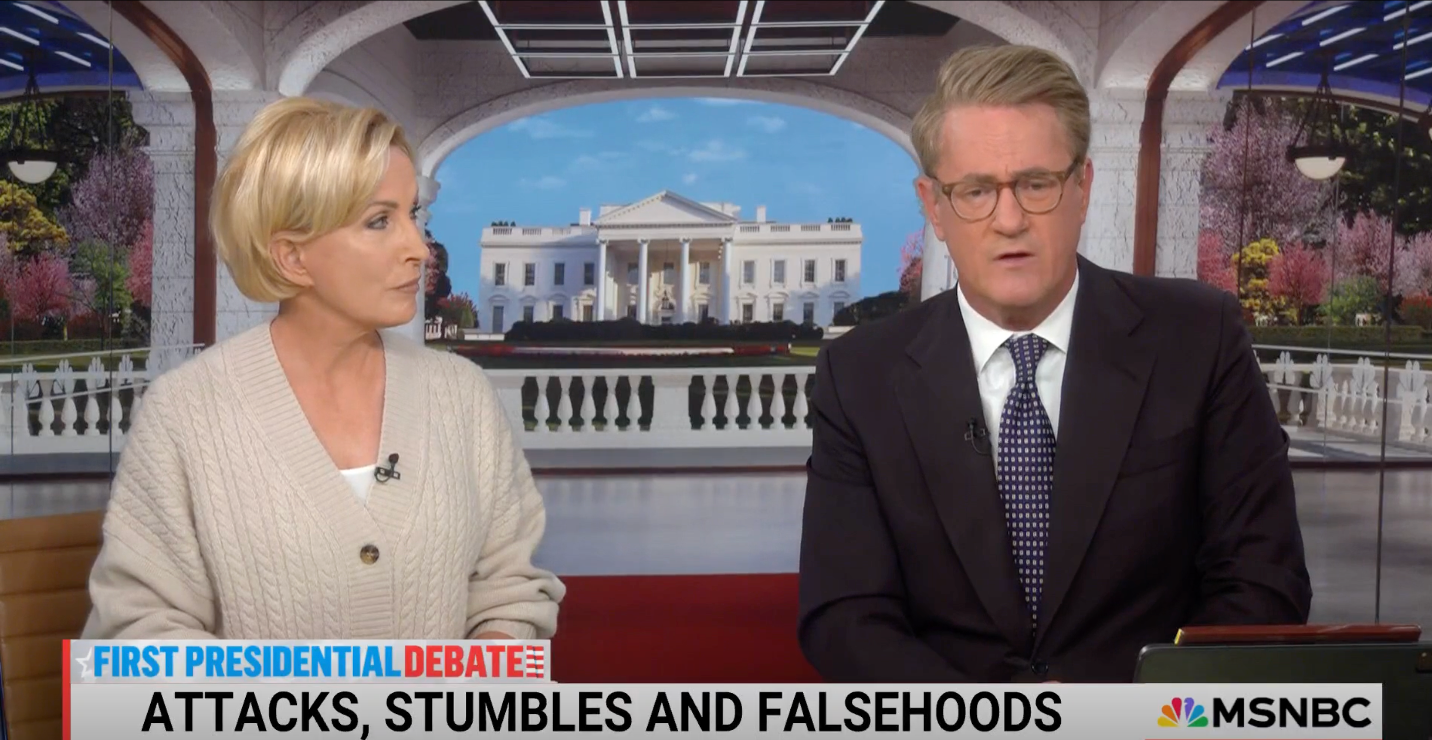 Joe Scarborough and Mika Brzezinski on the set of Friday’s edition of Morning Joe.
