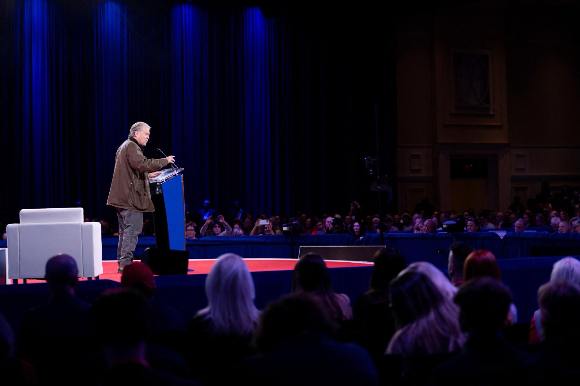 Steve Bannon speaks during the Conservative Political Action Conference (CPAC) in National Harbor, Maryland, US.