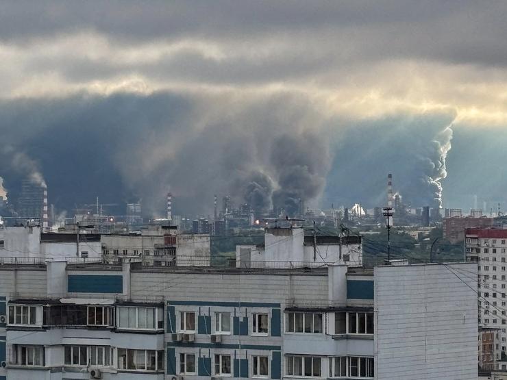 Plumes of smoke rise from a Moscow oil refinery following what the authorities say is a Ukrainian drone strike.