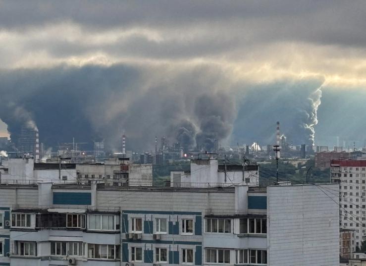 Plumes of smoke rise from a Moscow oil refinery following what the authorities say is a Ukrainian drone strike.