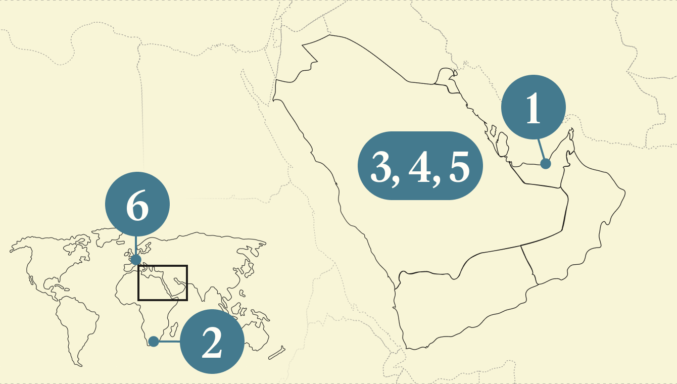 A numbered map of the Gulf region.