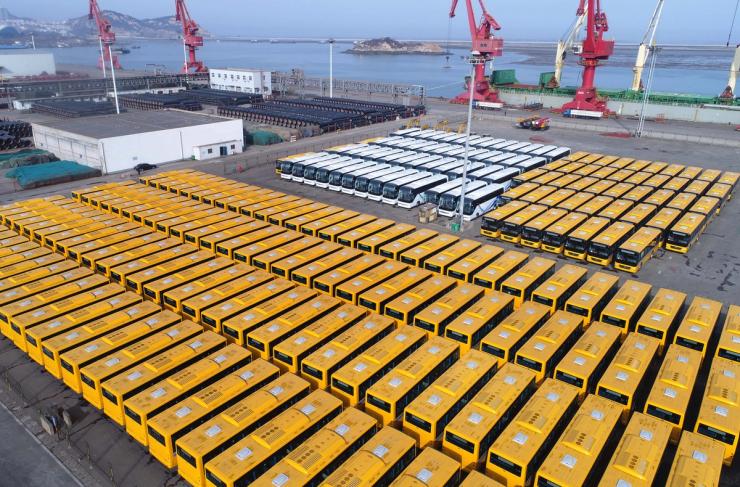 Buses at China’s Lianyungang Port ready to be exported to Africa in January 2018.