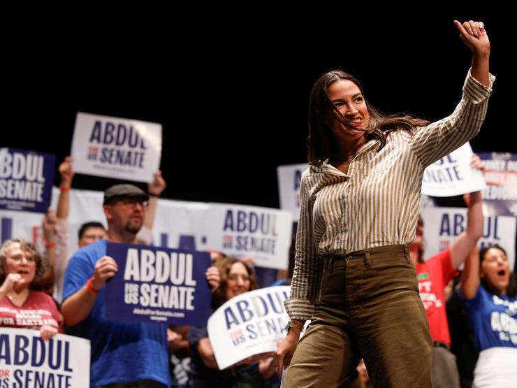 Congresswoman Alexandria Ocasio-Cortez(D-NY) gestures during a campaign rally for U.S. Senate candidate Abdul El-Sayed in Detroit, Michigan, U.S.