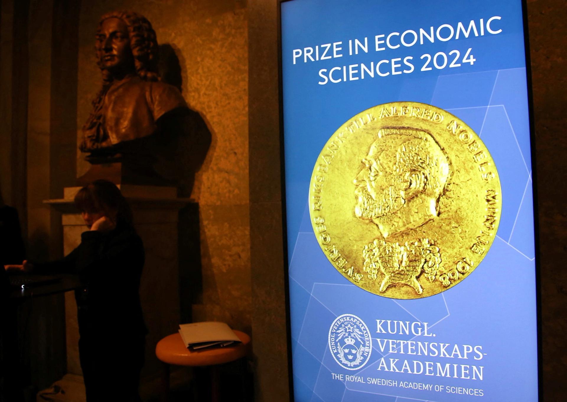 A screen in the Royal Swedish Academy of Sciences where the Nobel Prize in Economic Sciences is announced in Stockholm, Sweden