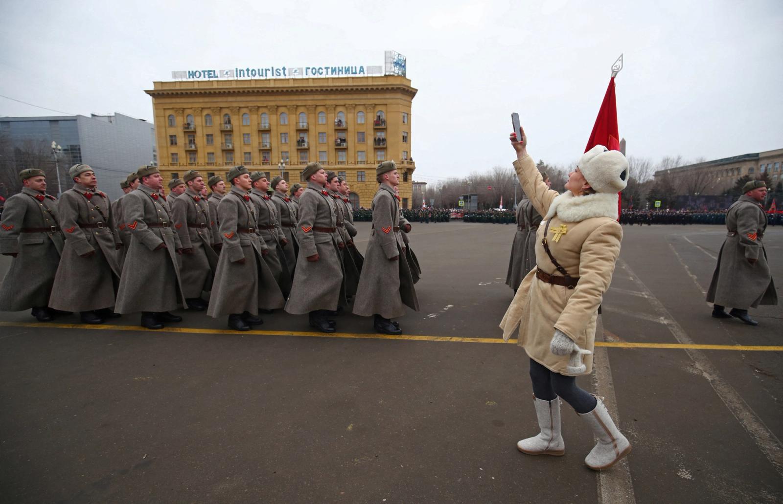 Participants dressed in historical uniforms march during a military parade marking the 80th anniversary of the victory of Red Army over Nazi Germany's troops in the Battle of Stalingrad during World War Two