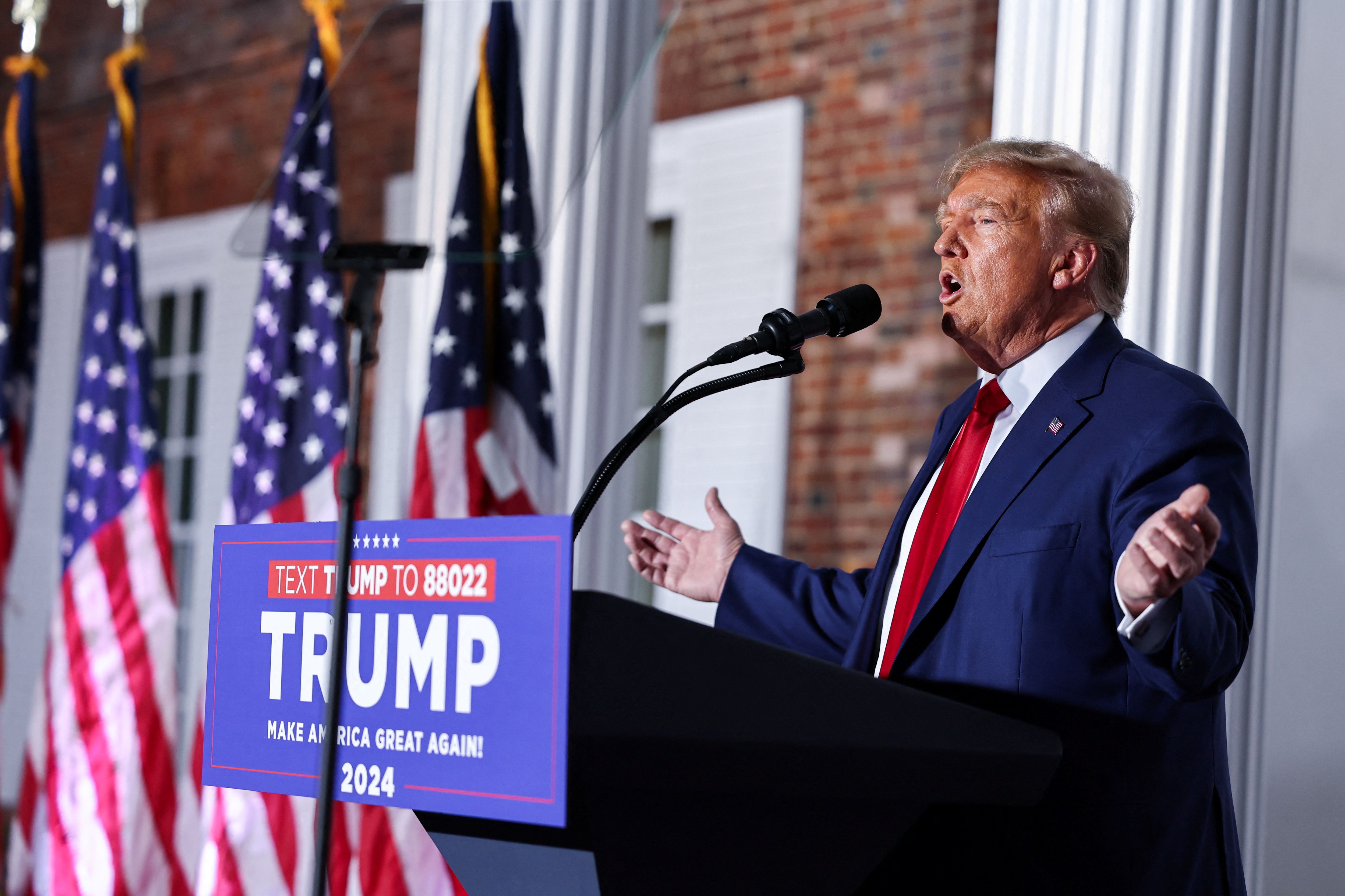 Former U.S. President Donald Trump delivers remarks following his arraignment on classified document charges, at Trump National Golf Club, in Bedminster, New Jersey, U.S., June 13, 2023. 