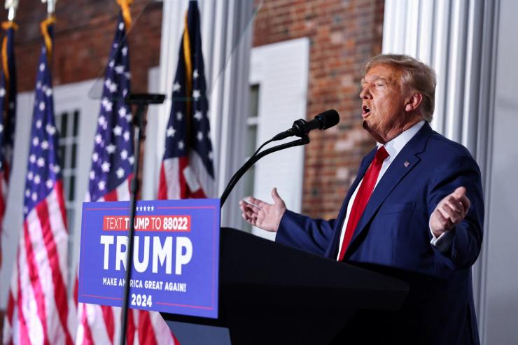 Former U.S. President Donald Trump delivers remarks following his arraignment on classified document charges, at Trump National Golf Club, in Bedminster, New Jersey, U.S., June 13, 2023.