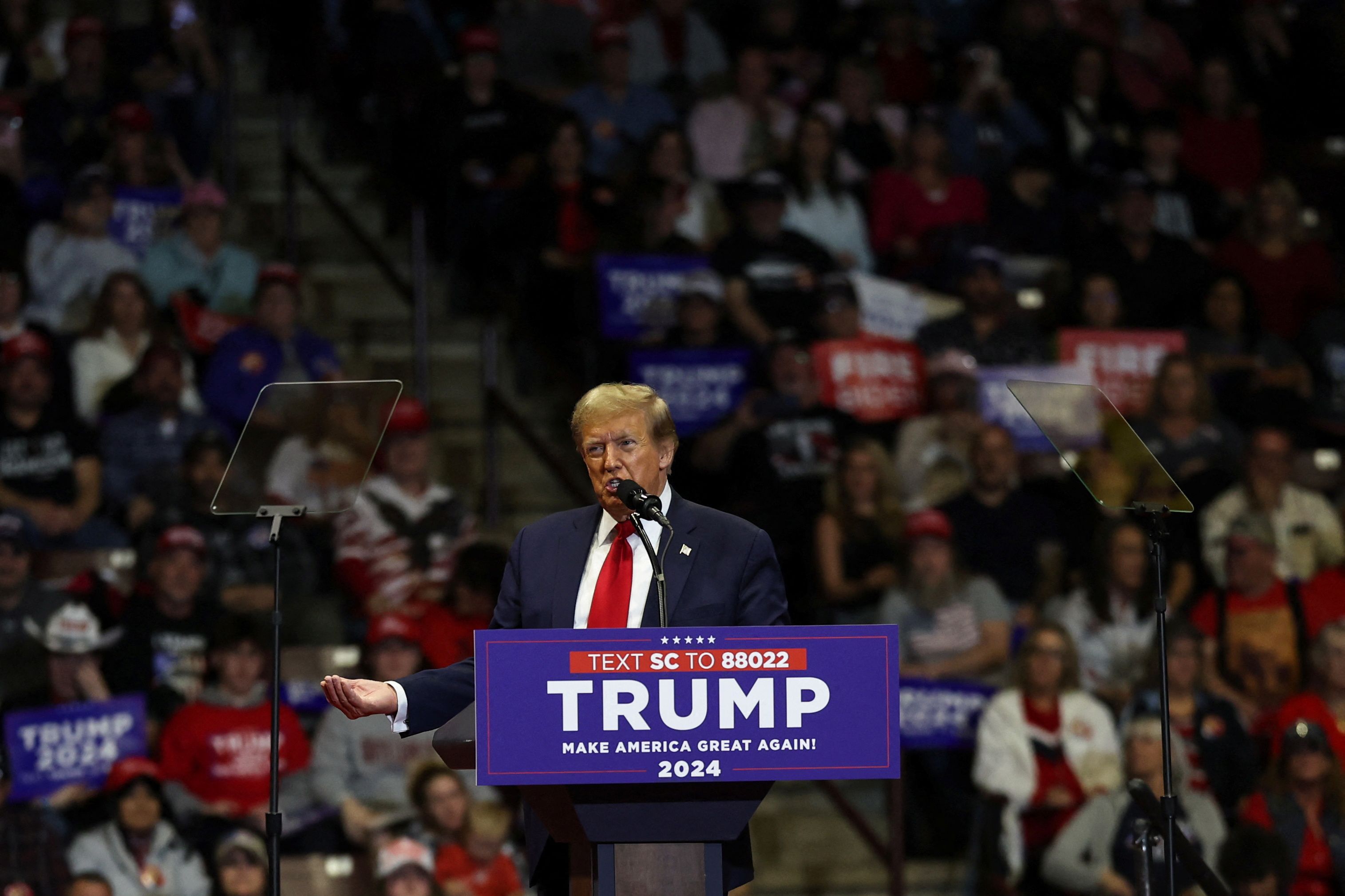 Republican presidential candidate and former U.S. President Donald Trump speaks during a campaign rally at Winthrop Coliseum ahead of the South Carolina Republican presidential primary, in Rock Hill, S.C., on Feb. 23, 2024. 