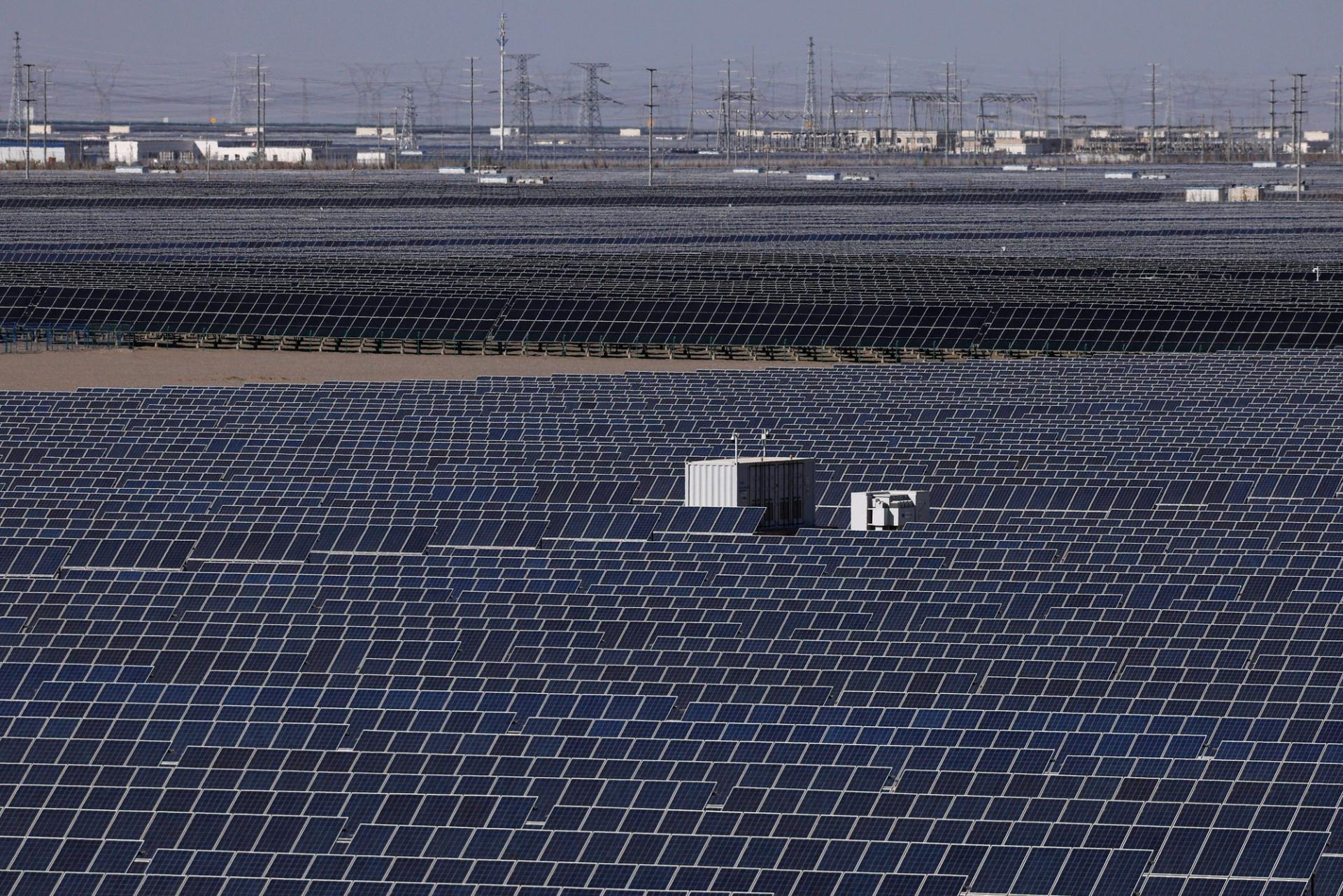 A view of solar panels pictured during an organised media tour of the Donhuang Photovoltaic Industrial Plant, in Gansu province, China