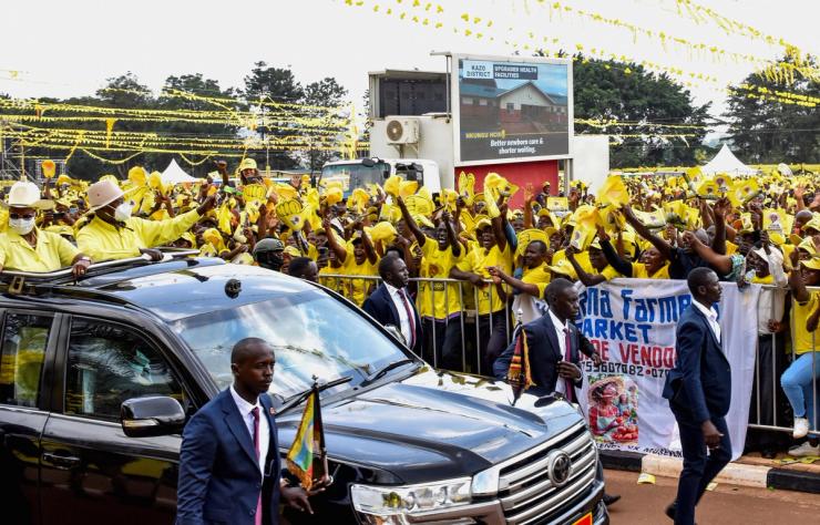 Ugandan President Yoweri Museveni arrives at a rally.