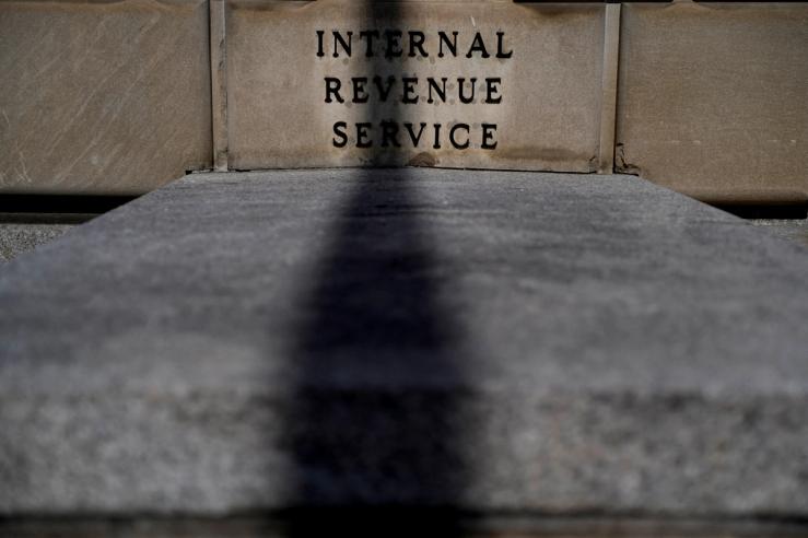 A sign is seen at the US Internal Revenue Service (IRS) building.