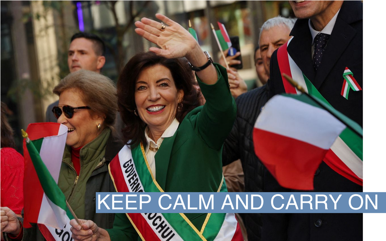 New York Governor Kathy Hochul waves while taking part in the annual Columbus Day parade in New York City. 