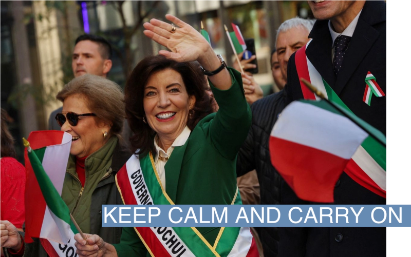 New York Governor Kathy Hochul waves while taking part in the annual Columbus Day parade in New York City.