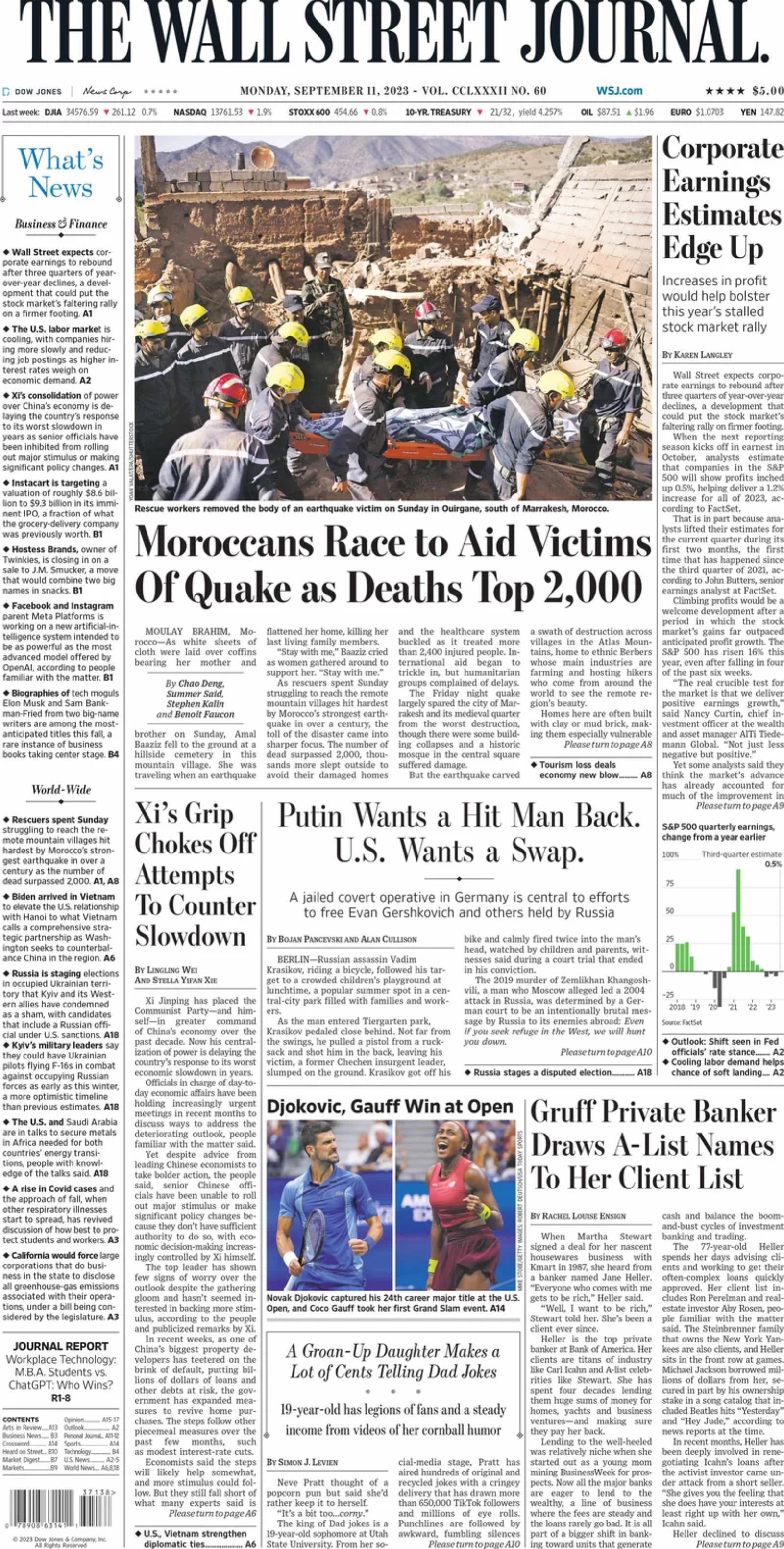 The front page of The Wall Street Journal, Sept. 11, 2023
