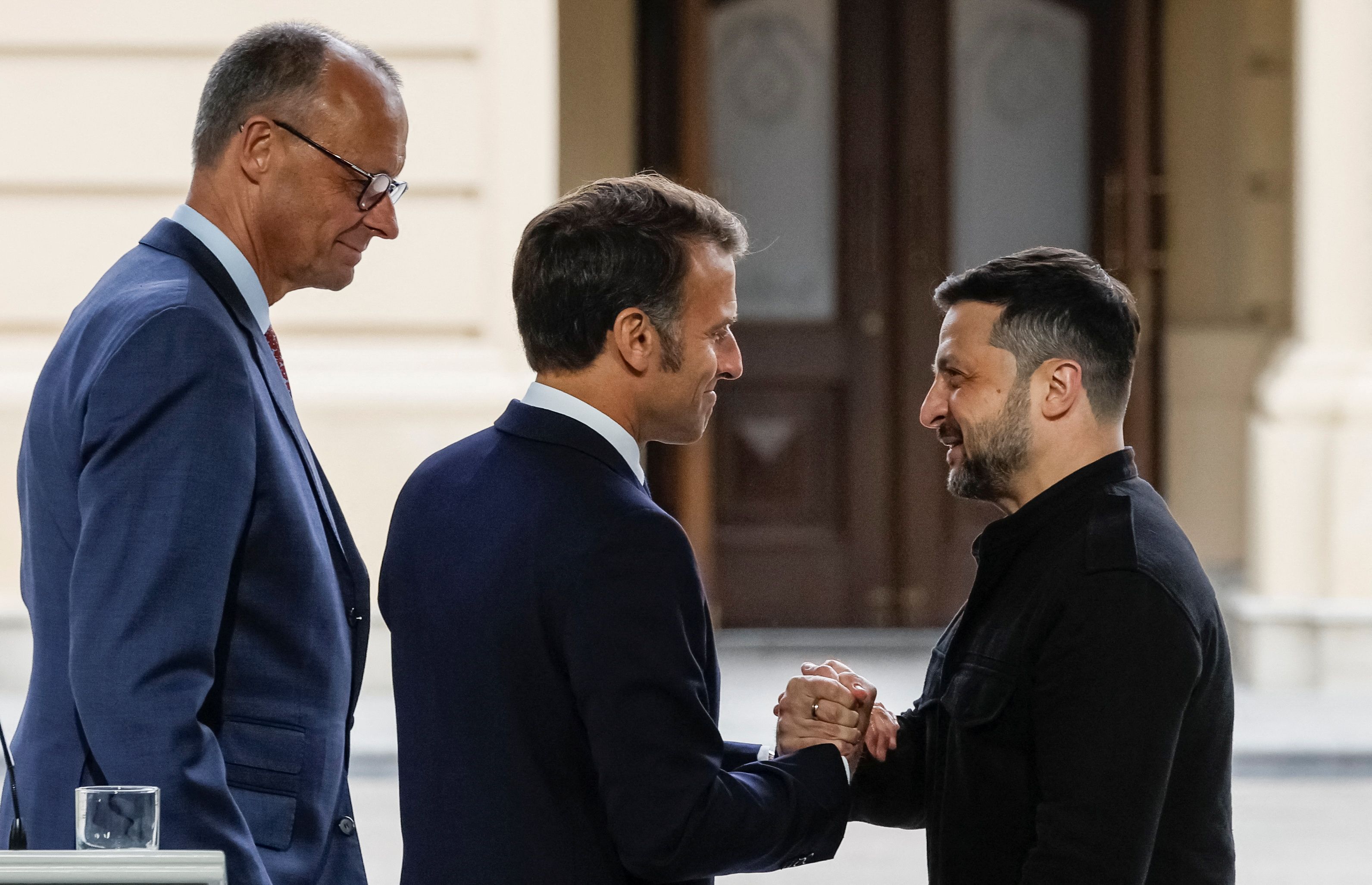 Ukraine’s President Volodymyr Zelenskiy, French President Emmanuel Macron and German Chancellor Friedrich Merz.
