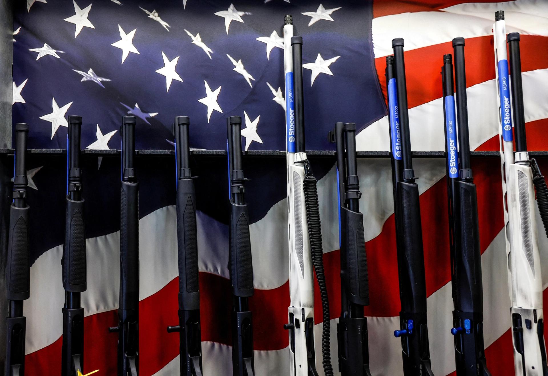 A view shows firearms at the National Rifle Association’s annual convention in Indianapolis, Indiana, on April 15, 2023.