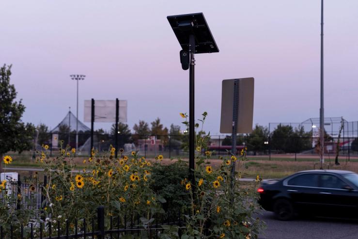 A Flock Safety camera is mounted on a pole amid sunflowers in Commerce City, Colorado