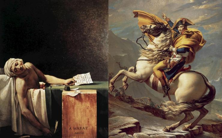 Jacques Louis-David, “The Death of Marat” (1793)/“Napoleon Crossing the Alps” (1801)