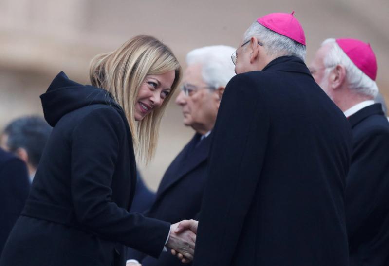 Italy’s Prime Minister Giorgia Meloni attends the funeral of former Pope Benedict in St. Peter’s Square at the Vatican.