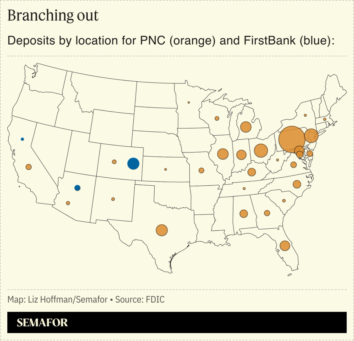 A graphic showing deposits by location of PNC and FirstBank in the US.