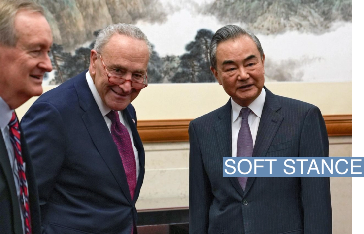 U.S. Senate Majority Leader Chuck Schumer, D-N.Y., and U.S. Sen. Mike Crapo, R-Idaho meet with Chinese Foreign Minister Wang Yi at the Diaoyutai Guest House in Beijing, Monday, Oct. 9, 2023. Andy Wong/Pool via REUTERS