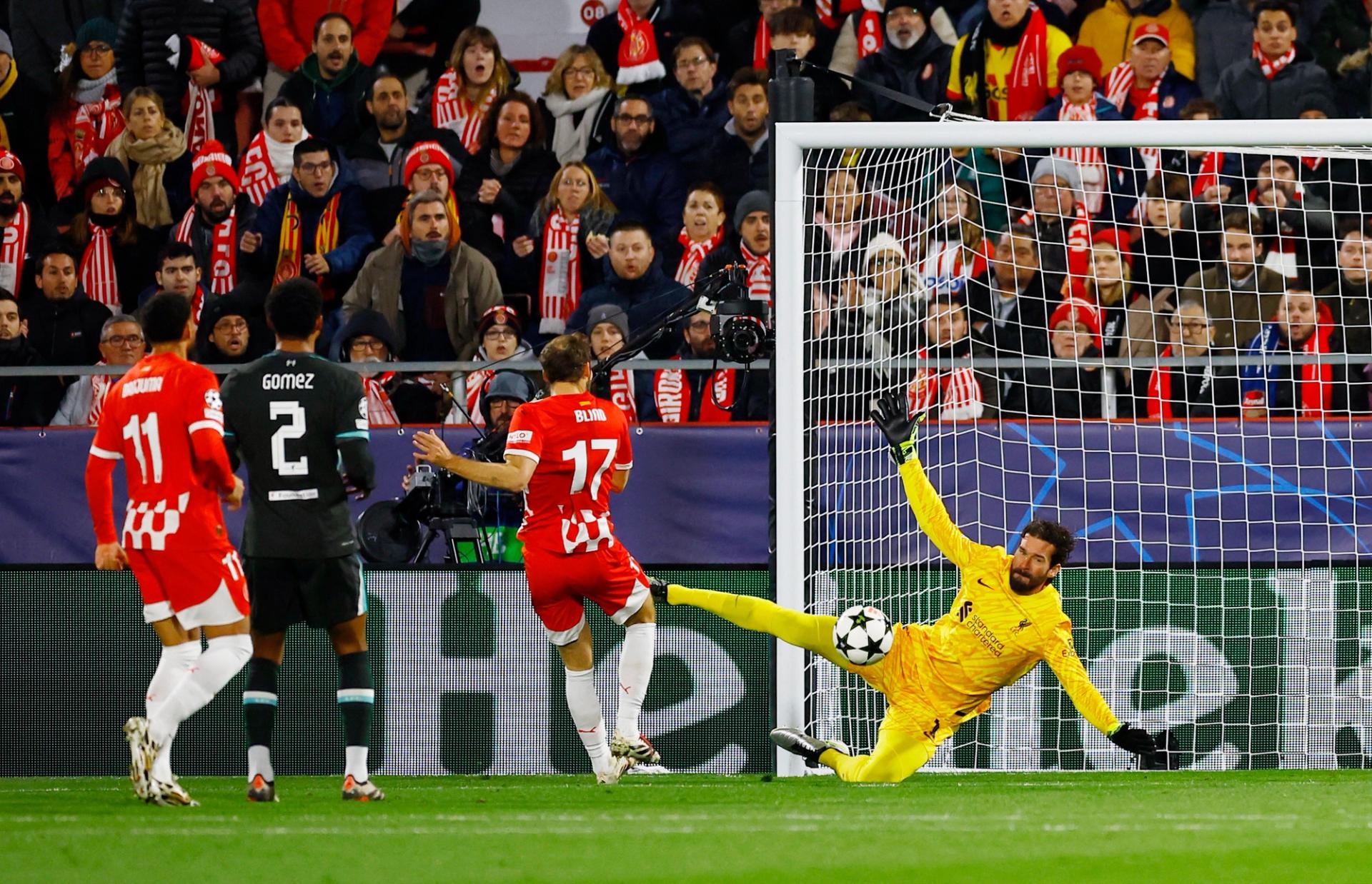 Liverpool’s Alisson Becker in action as he makes a save during a game