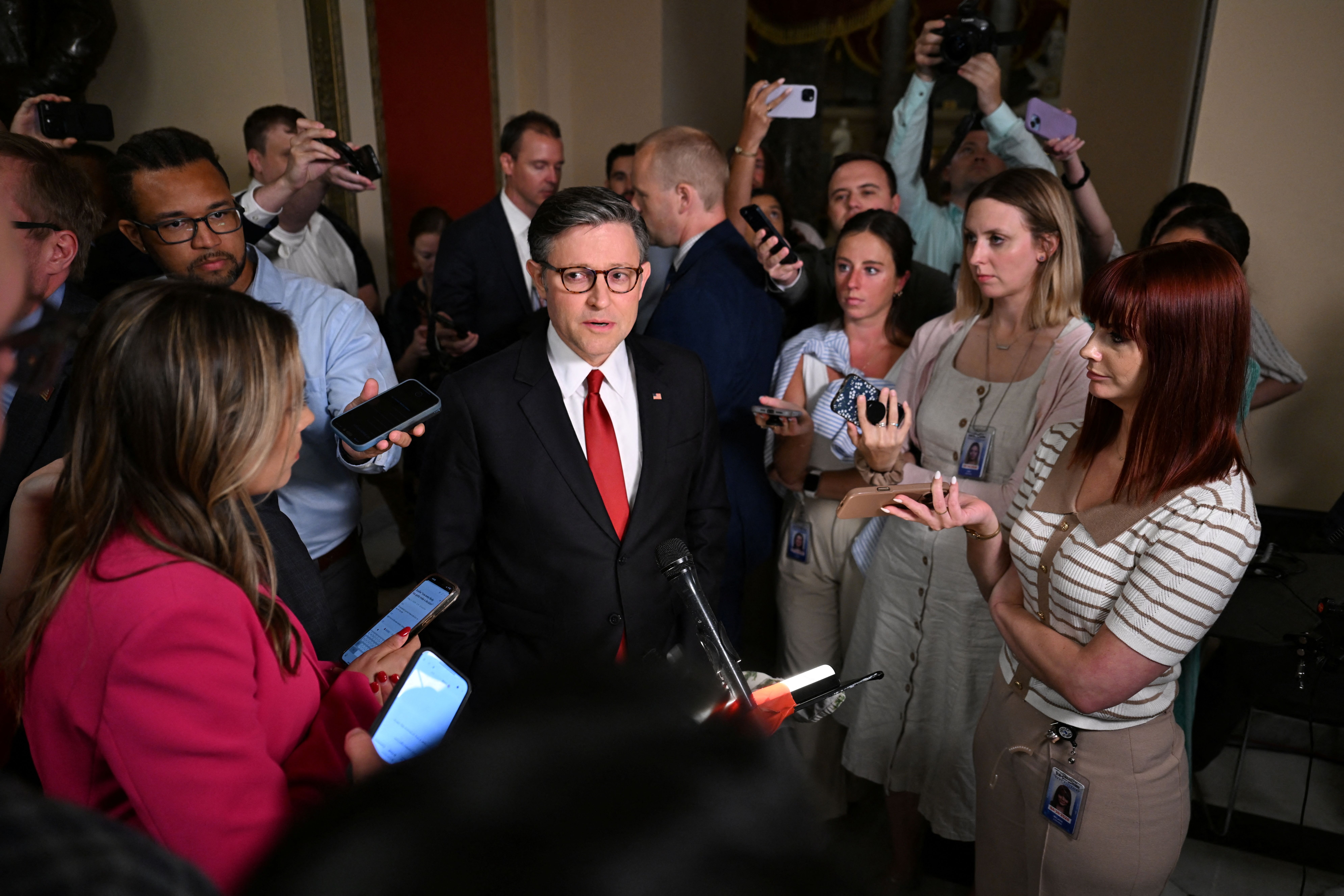 US House of Representatives Speaker Mike Johnson speaks to the press.