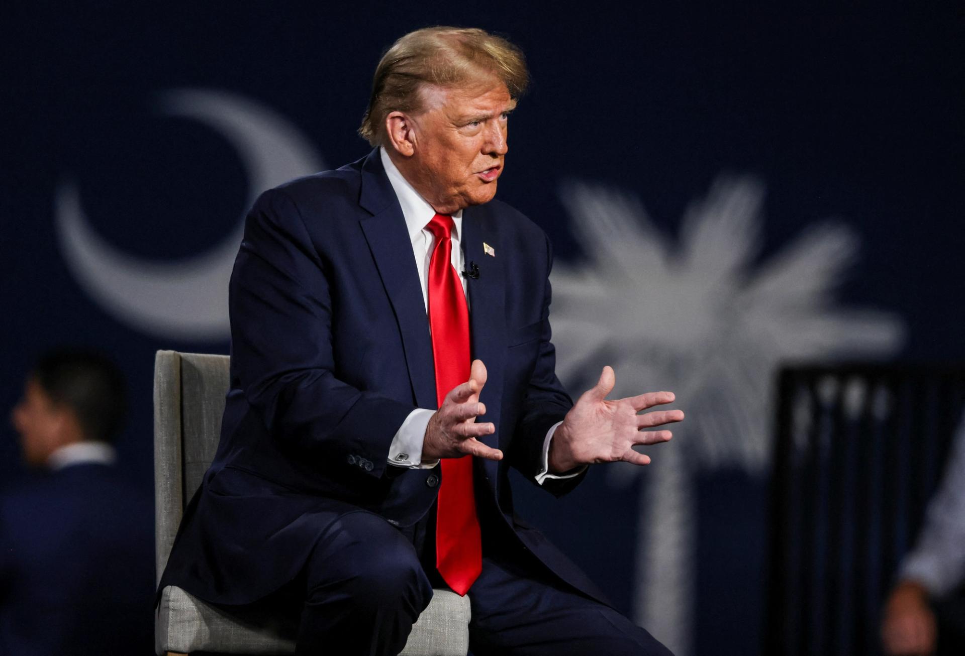 Former U.S. President and Republican presidential candidate Donald Trump participates in a Fox News town hall with Laura Ingraham in Greenville, South Carolina, on Feb. 20, 2024. 