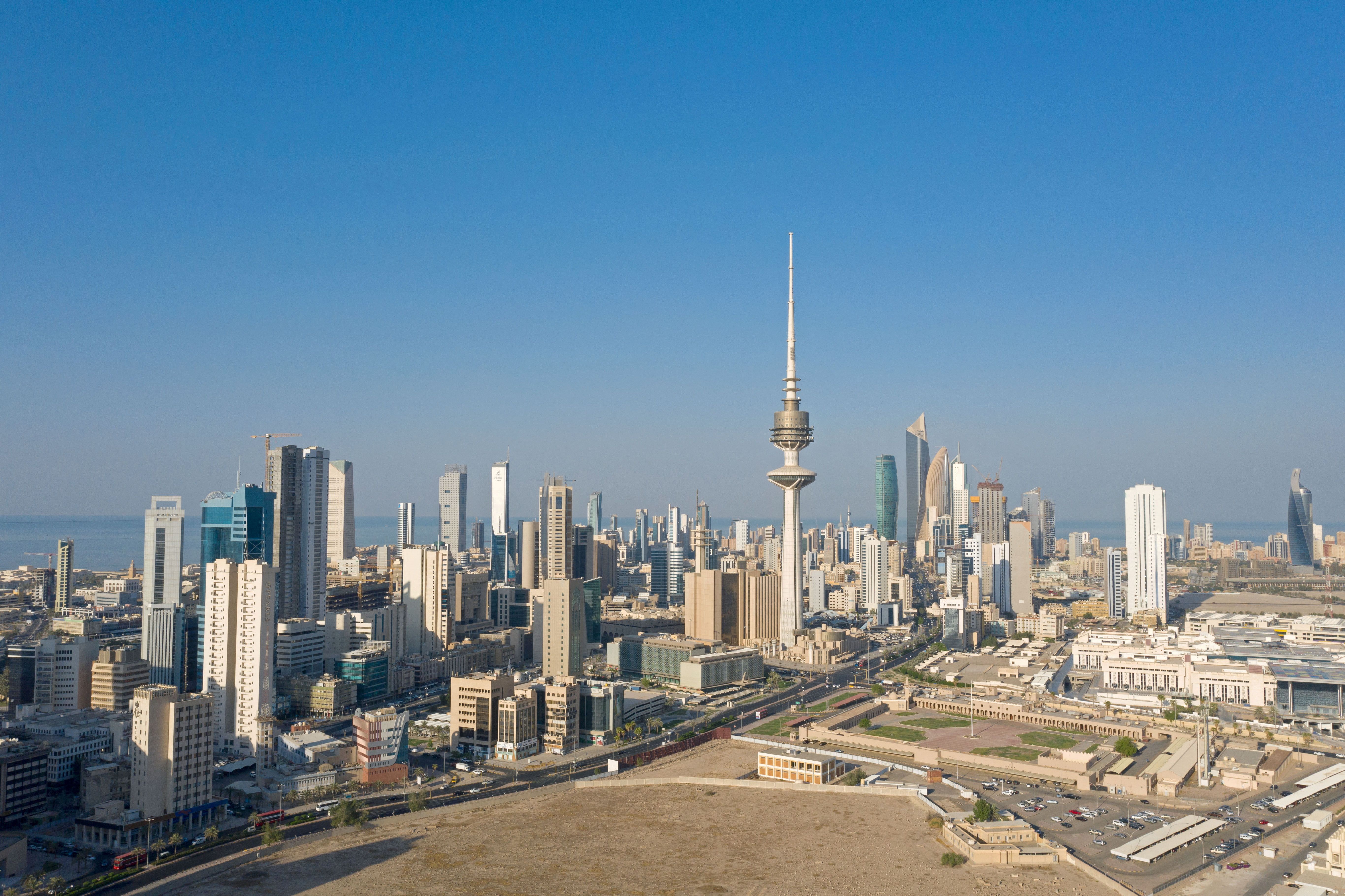 An aerial view taken with a drone shows Kuwait Telecommunication Tower and the surrounding in Kuwait City, Kuwait City, Kuwait October 7, 2020.