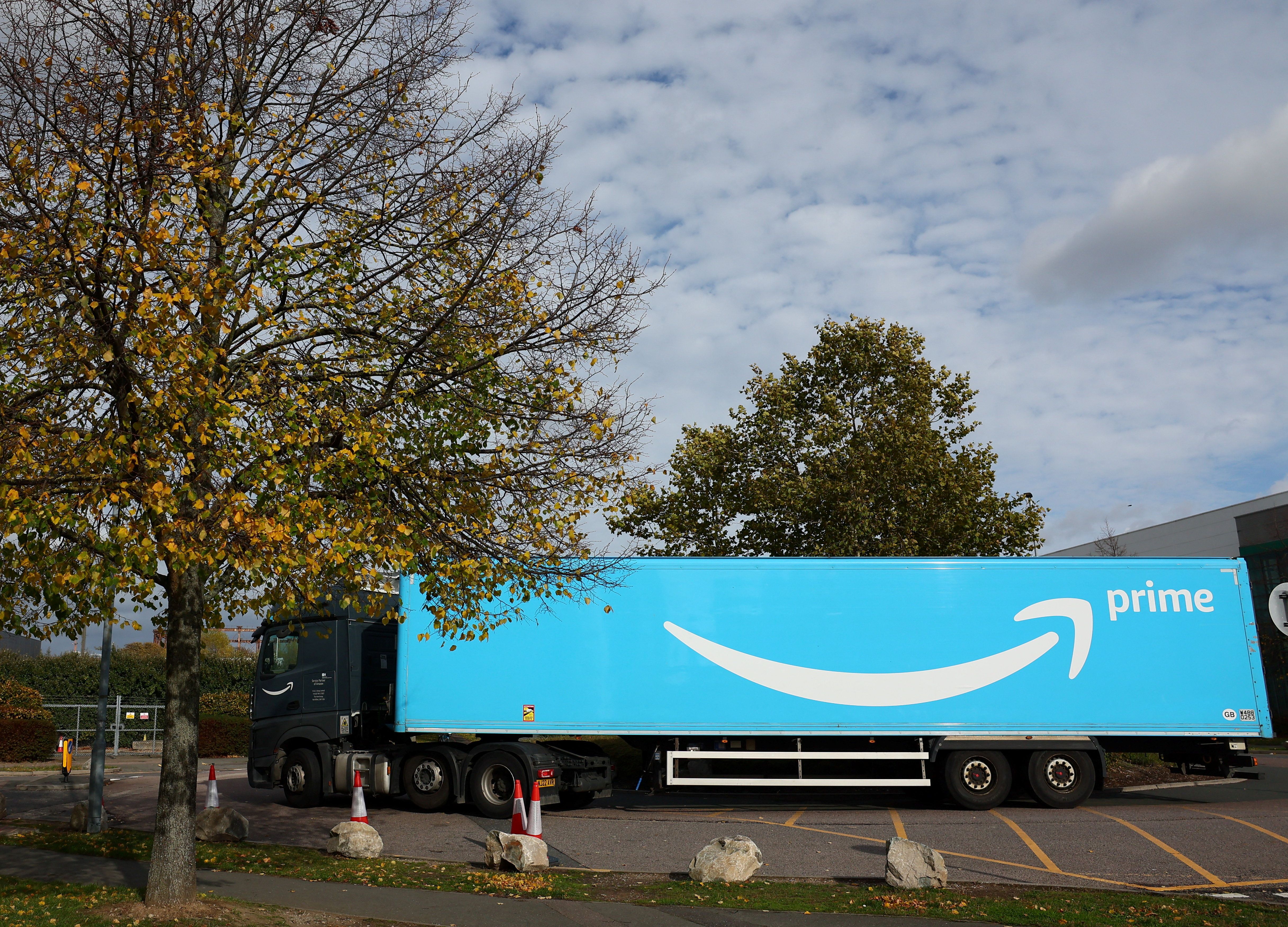 An Amazon’s delivery truck driving near Amazon fulfilment centre.