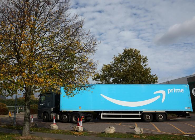 An Amazon’s delivery truck driving near Amazon fulfilment centre.