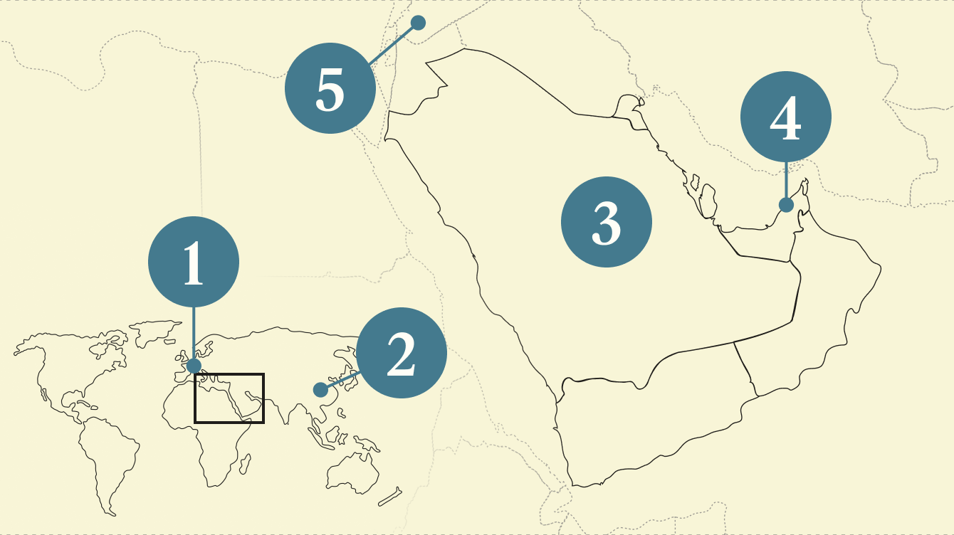 A numbered map of the Gulf region.