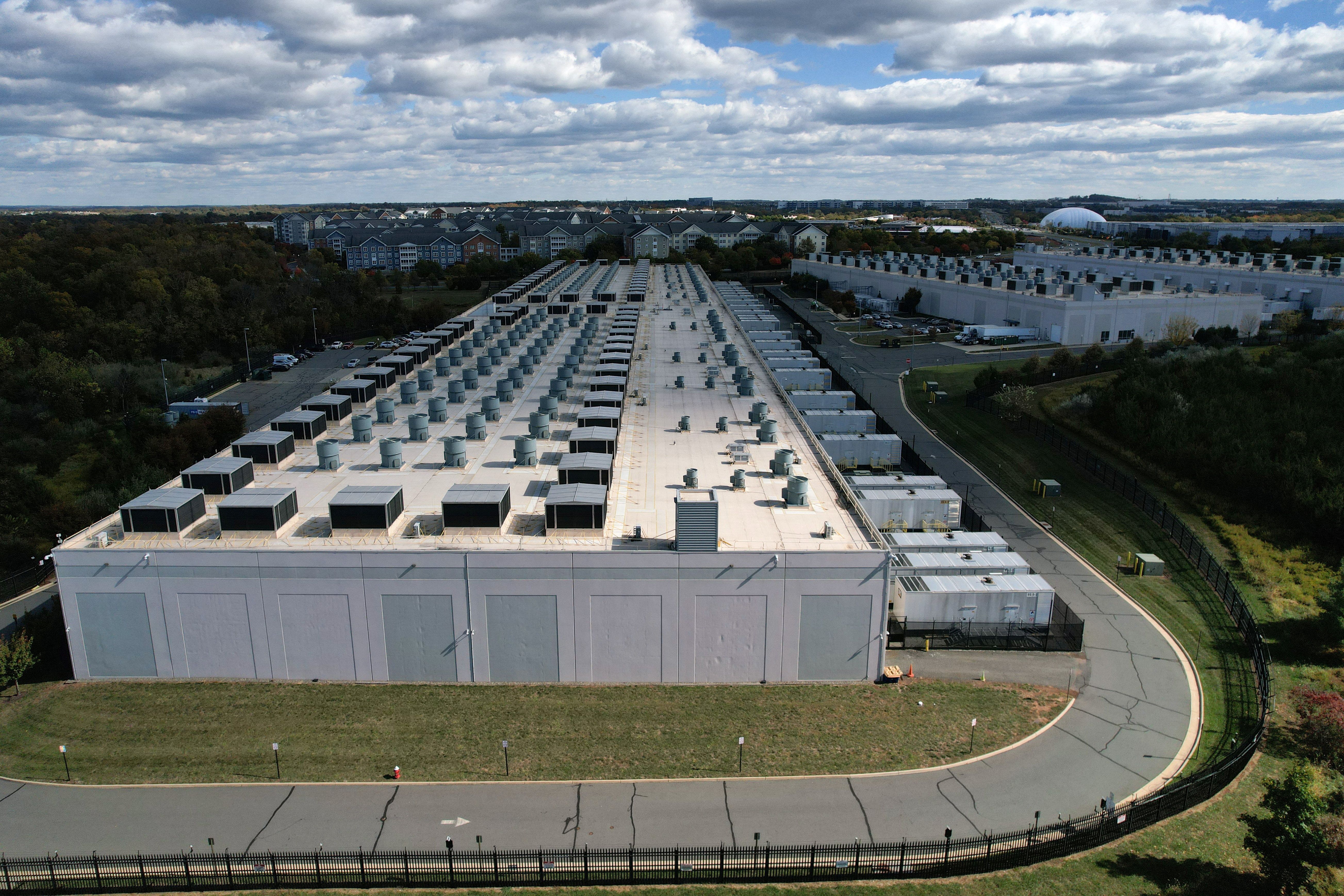 An aerial view of an Amazon Web Services Data Center known as US East 1 in Ashburn, Virginia