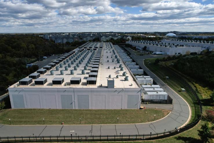 An aerial view of an Amazon Web Services Data Center known as US East 1 in Ashburn, Virginia