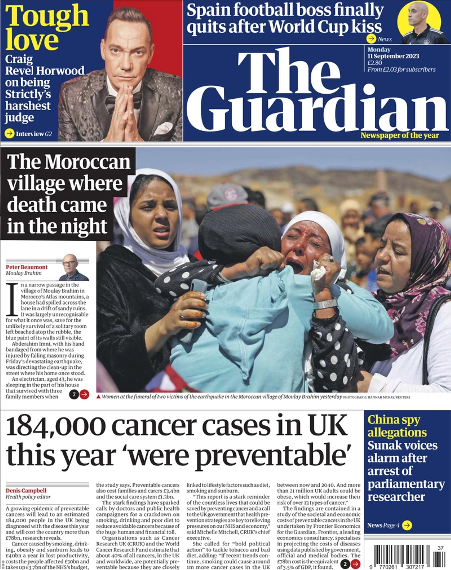 The front page of the Guardian for Sept. 11, 2023