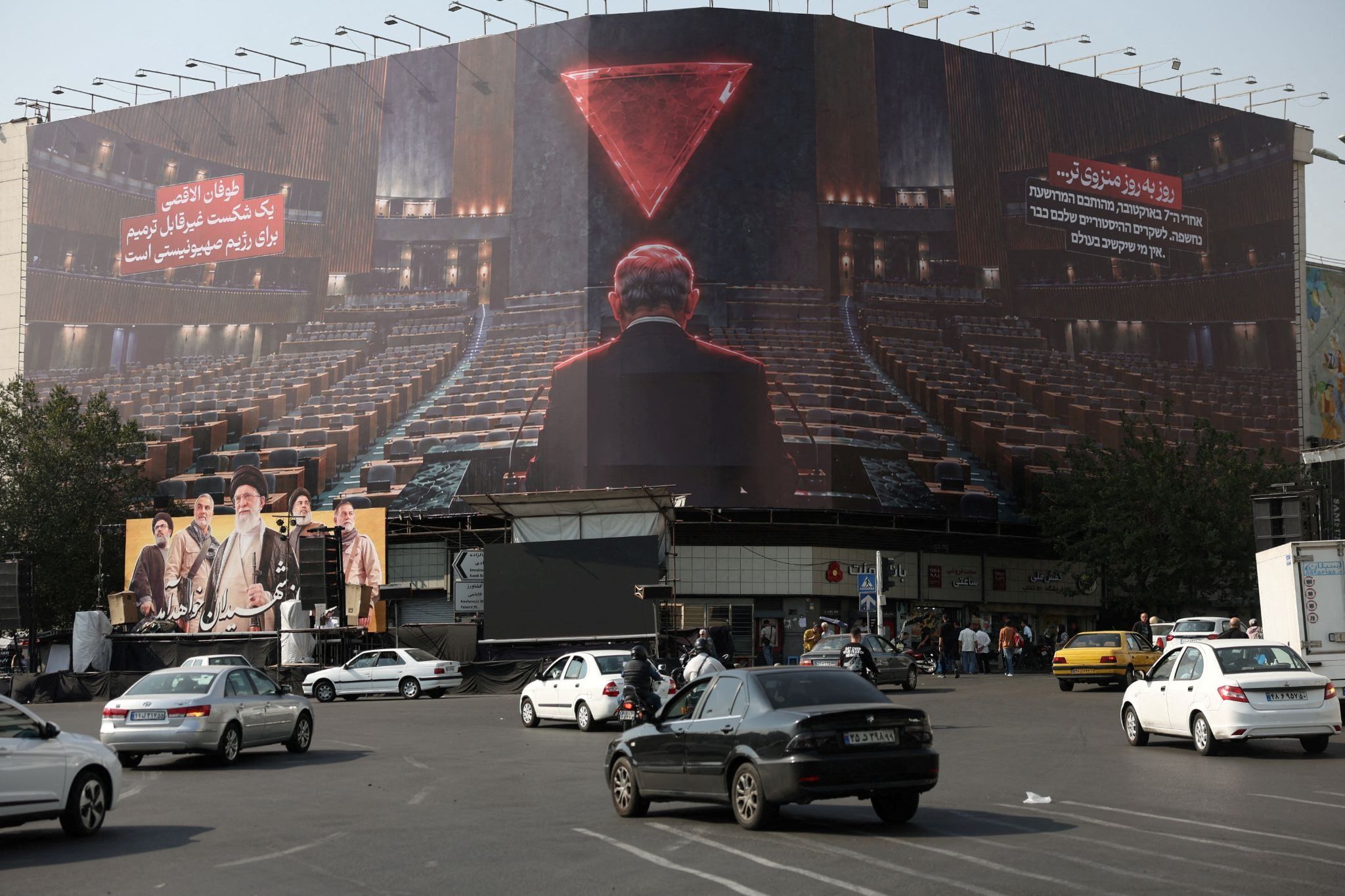 A billboard depicting Israeli Prime Minister Benjamin Netanyahu in the empty hall of the United Nations building in Tehran, Iran. 