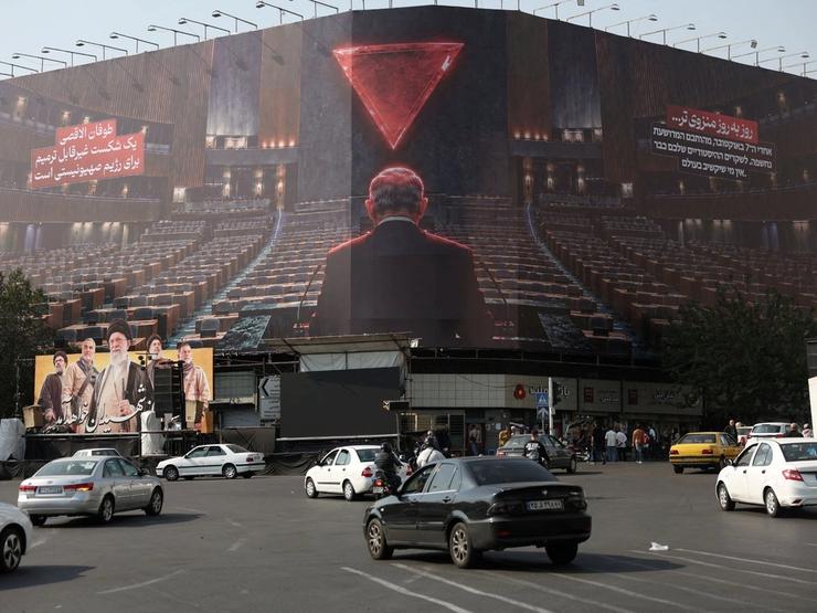 A billboard depicting Israeli Prime Minister Benjamin Netanyahu in the empty hall of the United Nations building in Tehran, Iran.