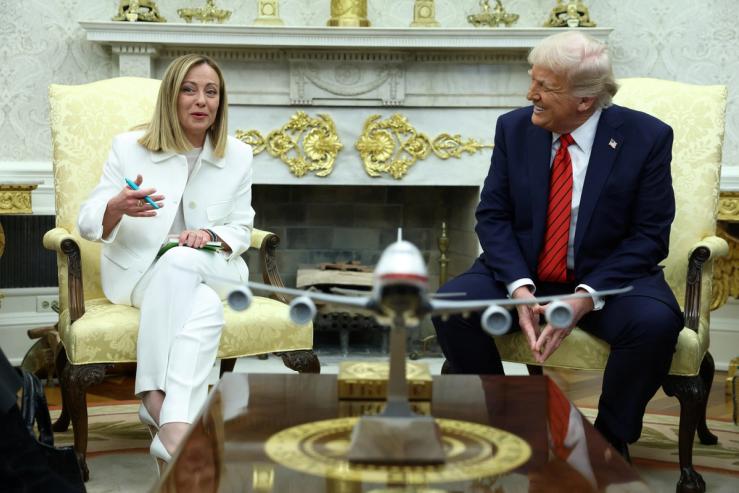 U.S. President Donald Trump meets with Italian Prime Minister Giorgia Meloni in the Oval Office at the White House in Washington, D.C., U.S., April 17, 2025.