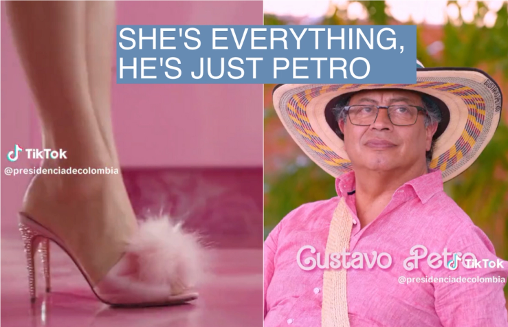 Screenshots from the TikTok posted by the Colombian president’s account, one showing a clip from the Barbie movie, another showing the president of Colombia.