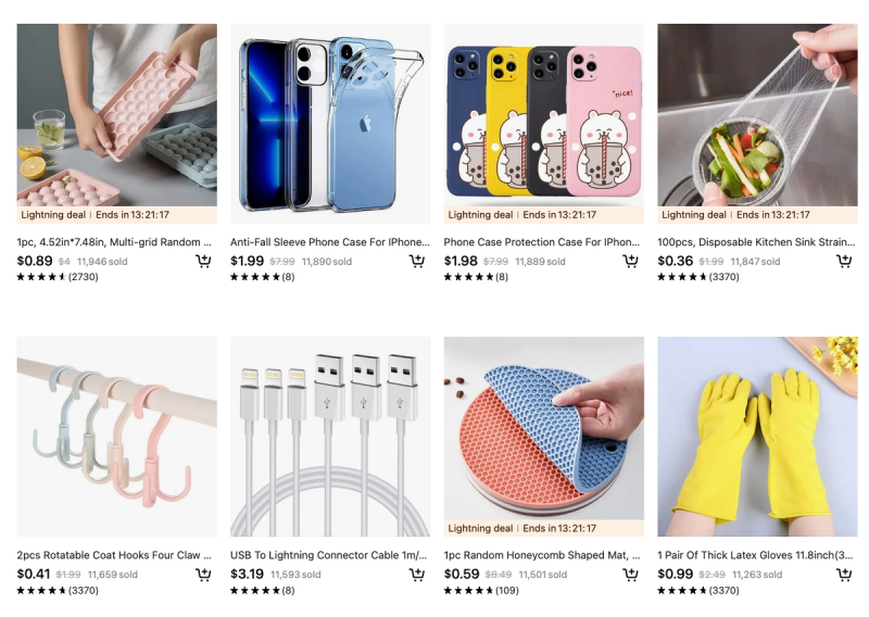 Pictures of e-commerce listings on Temu, including for rubber gloves, charging cables, phones cases, and plastic ice trays.