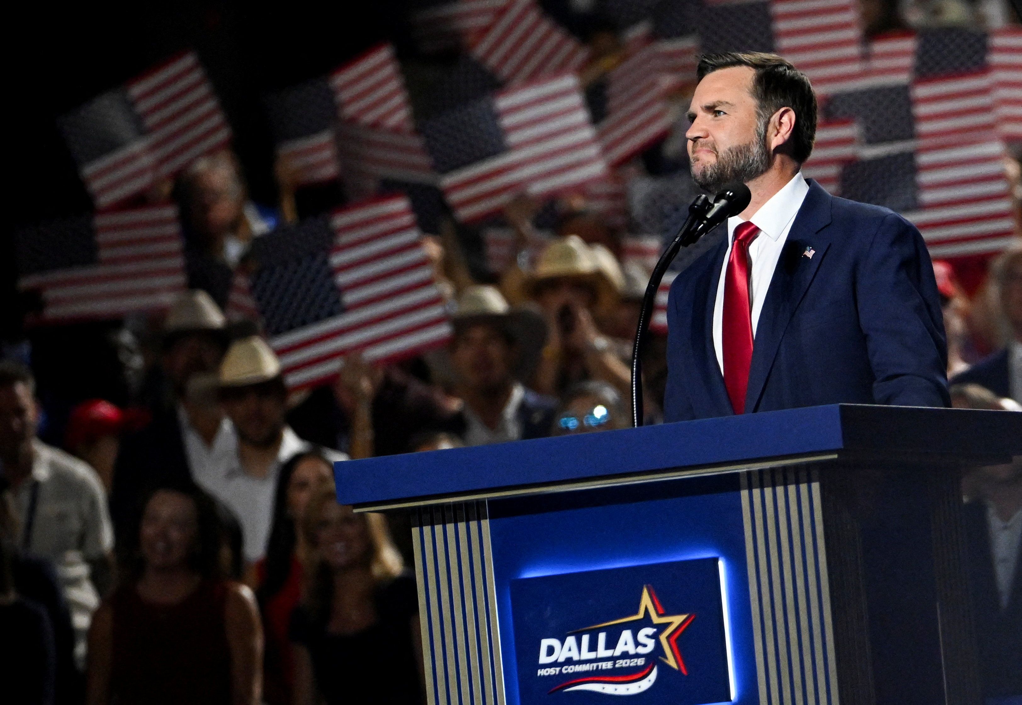U.S. Vice President JD Vance reacts during his speech at the Republican National Midterm Convention in Dallas, Texas, U.S.