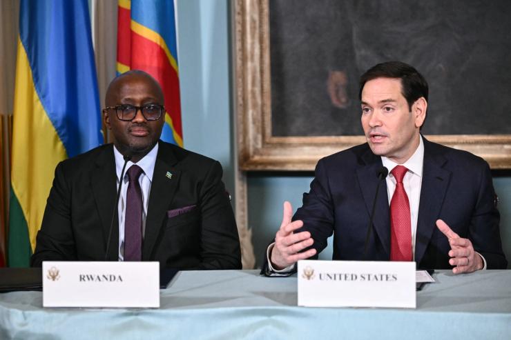 US Secretary of State Marco Rubio (R) speaks during a peace agreement signing between Rwanda and DR Congo as Rwandan Foreign Minister Olivier Nduhungirehe (L) looks on at the State Department in Washington, DC, on June 27, 2025.