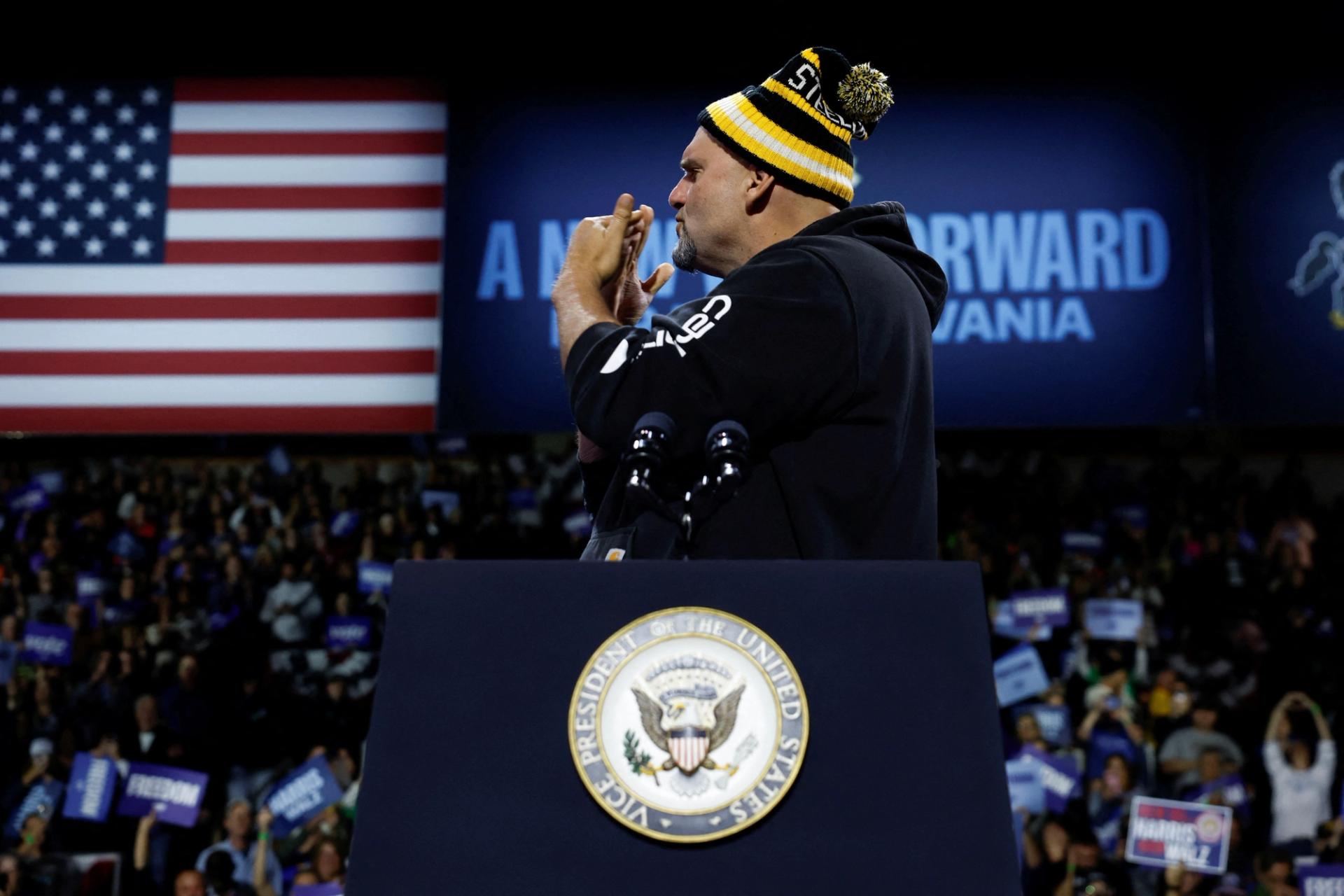 John Fetterman on stage at a Harris rally in Pennsylvania