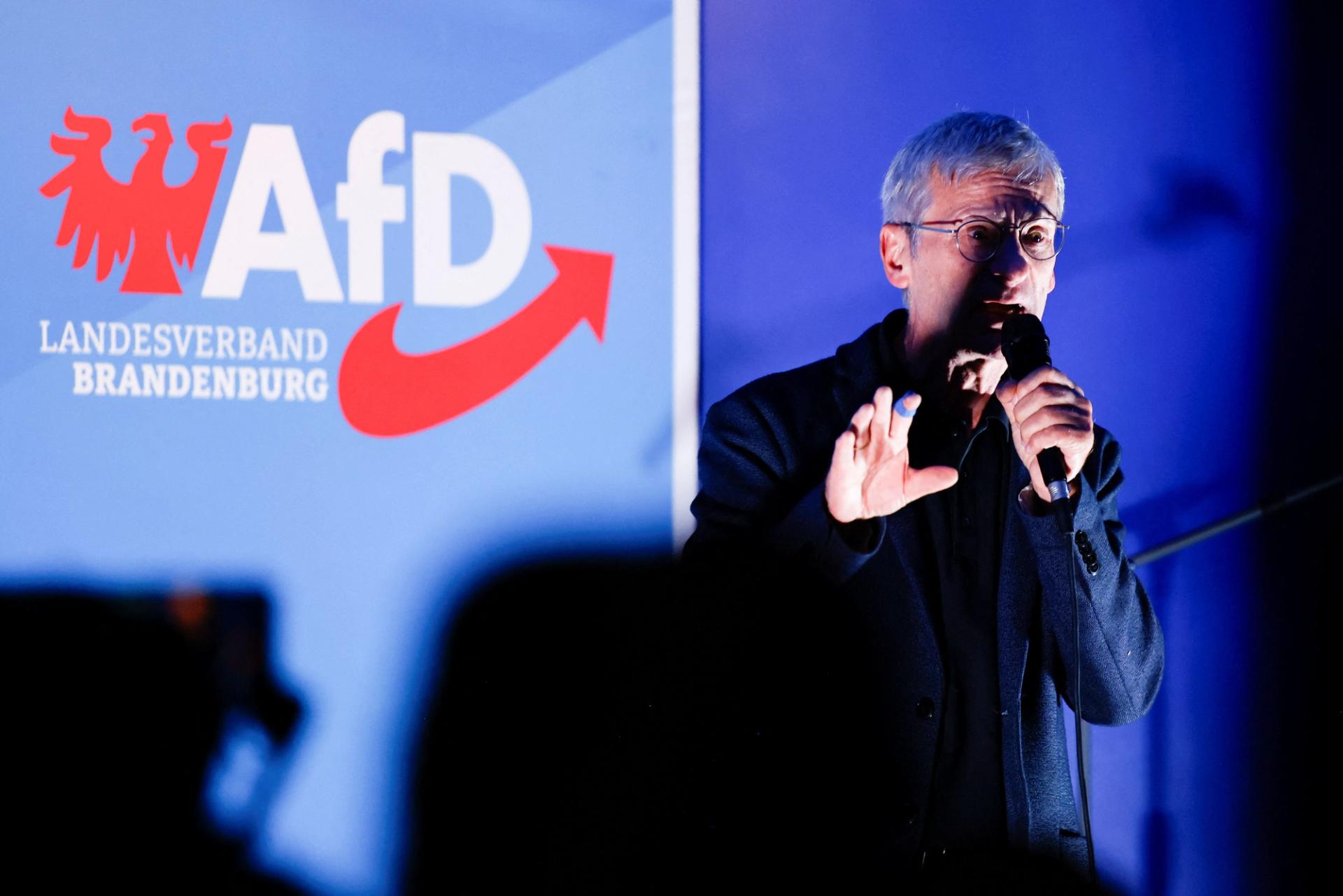 Christoph Berndt speaks during an Alternative for Germany (AfD) campaign rally.