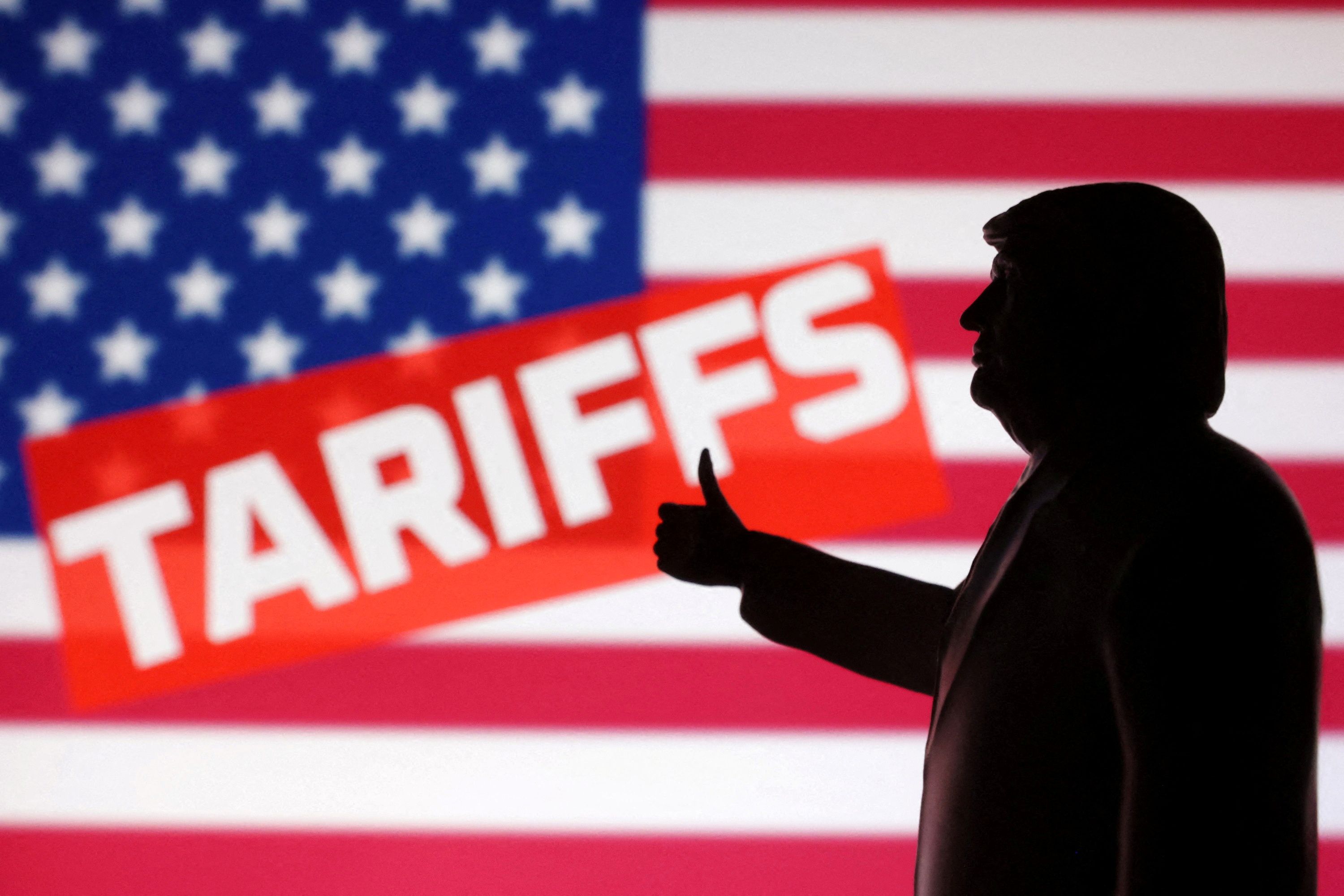  A 3D-printed miniature model depicting U.S. President Donald Trump, US flag and word “Tariffs”