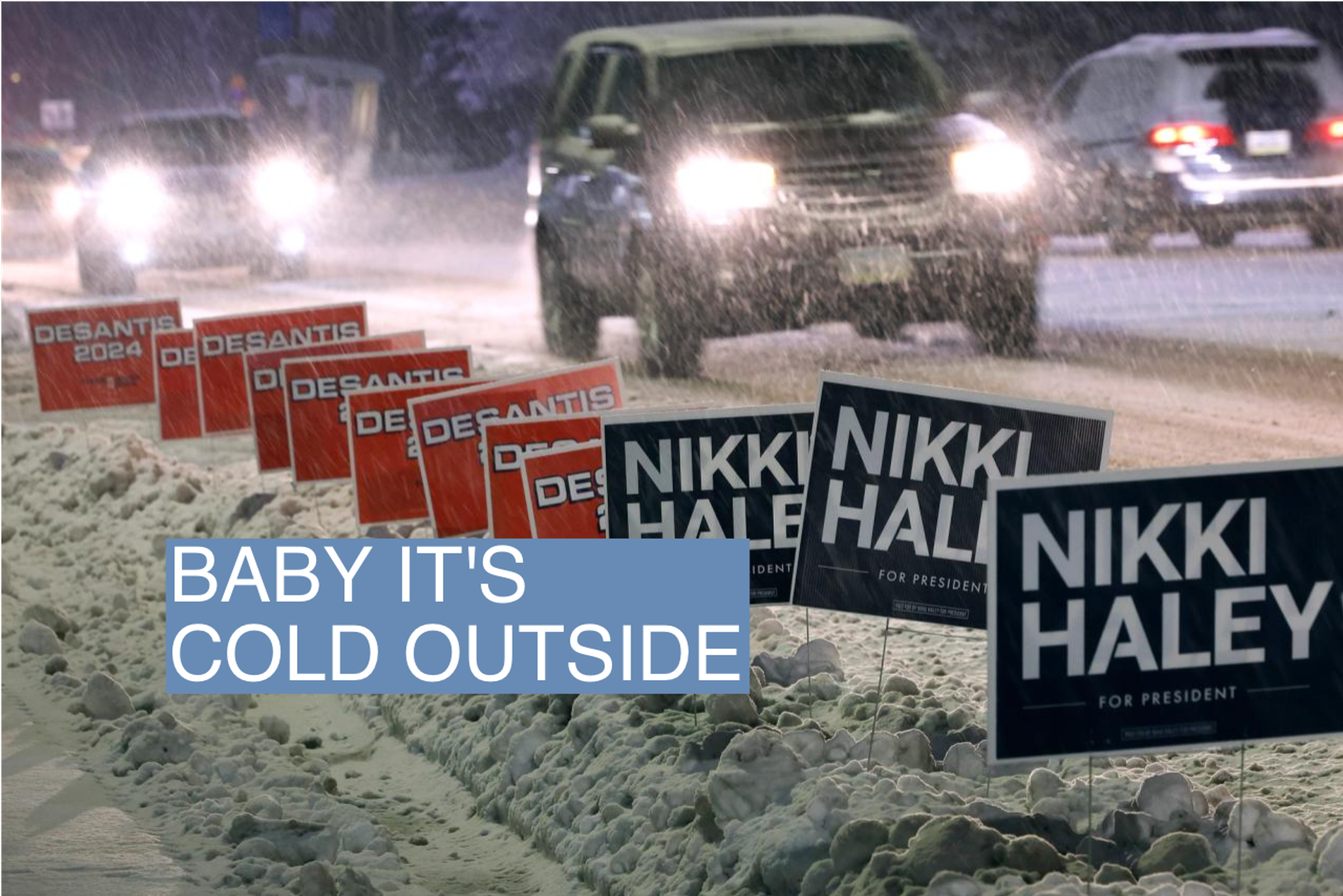 Campaign signs for Republican presidential candidates line the road in front of Drake University in Des Moines, Iowa, on Jan. 10, 2024.
