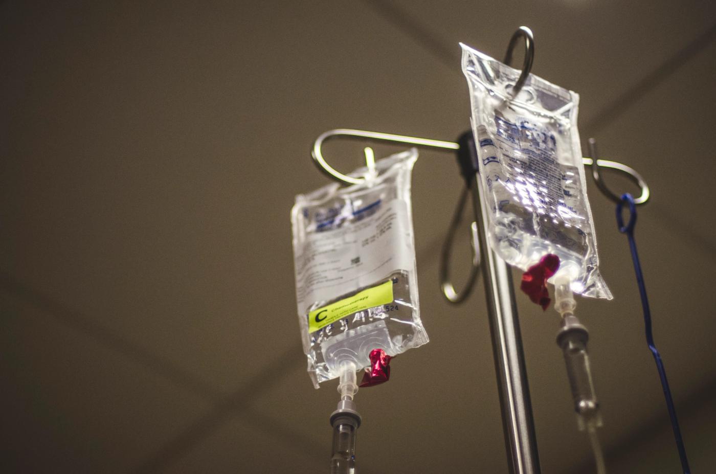 Chemotherapy drugs hang on on a hospital IV pole. 