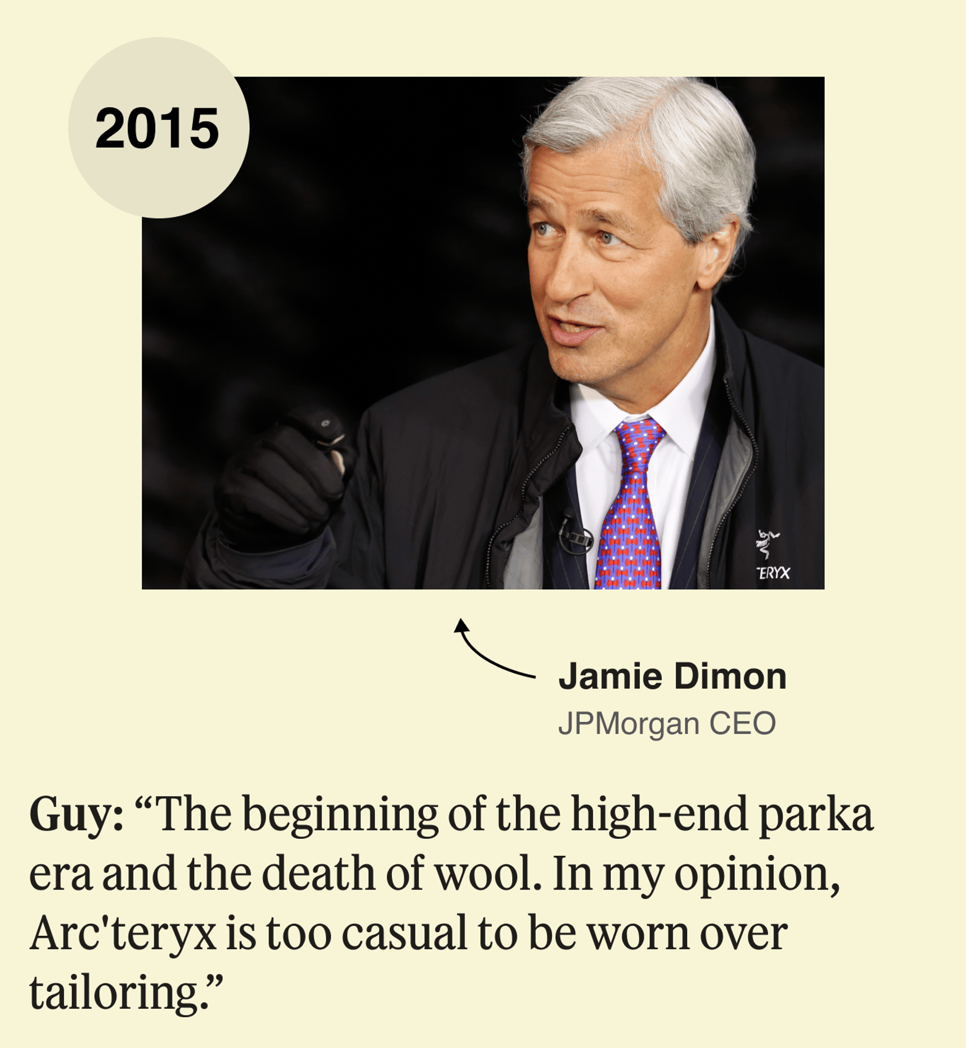 Jamie Dimon, 2015: The beginning of the high-end parka era and the death of wool. In my opinion, Arc’teryx is too casual to be worn over tailoring. 