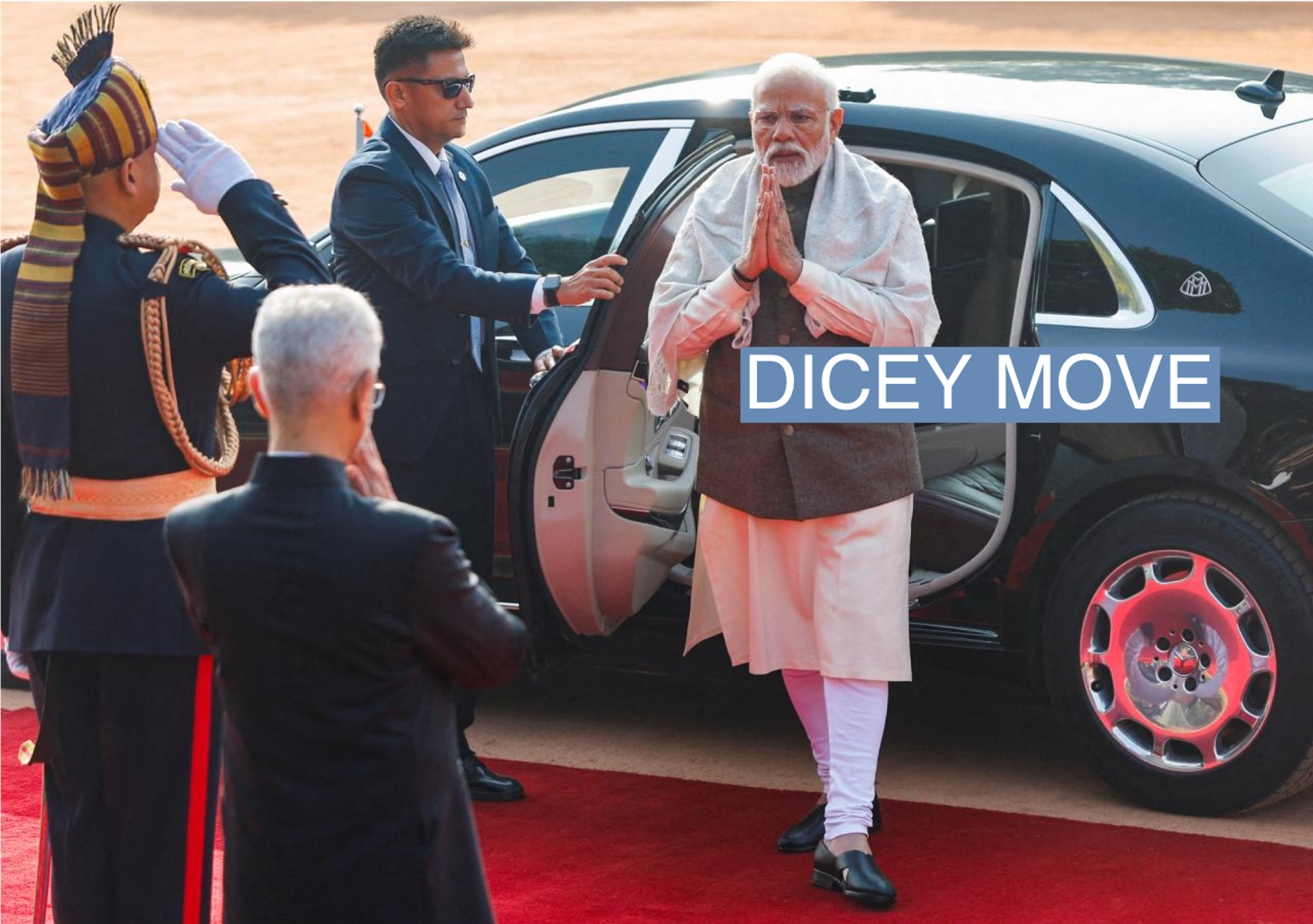 India's Prime Minister Narendra Modi gestures on the day of Kenyan President William Ruto's ceremonial reception at the Forecourt of India's Rashtrapati Bhavan Presidential Palace in New Delhi, India, December 5, 2023.