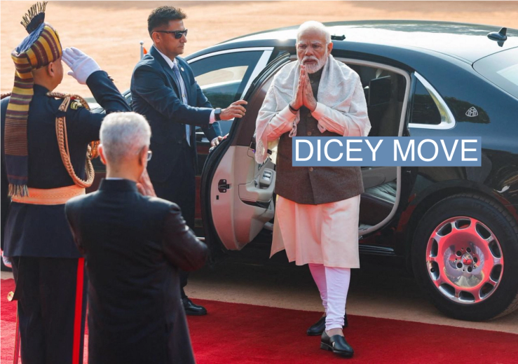 India’s Prime Minister Narendra Modi gestures on the day of Kenyan President William Ruto’s ceremonial reception at the Forecourt of India’s Rashtrapati Bhavan Presidential Palace in New Delhi, India, December 5, 2023.